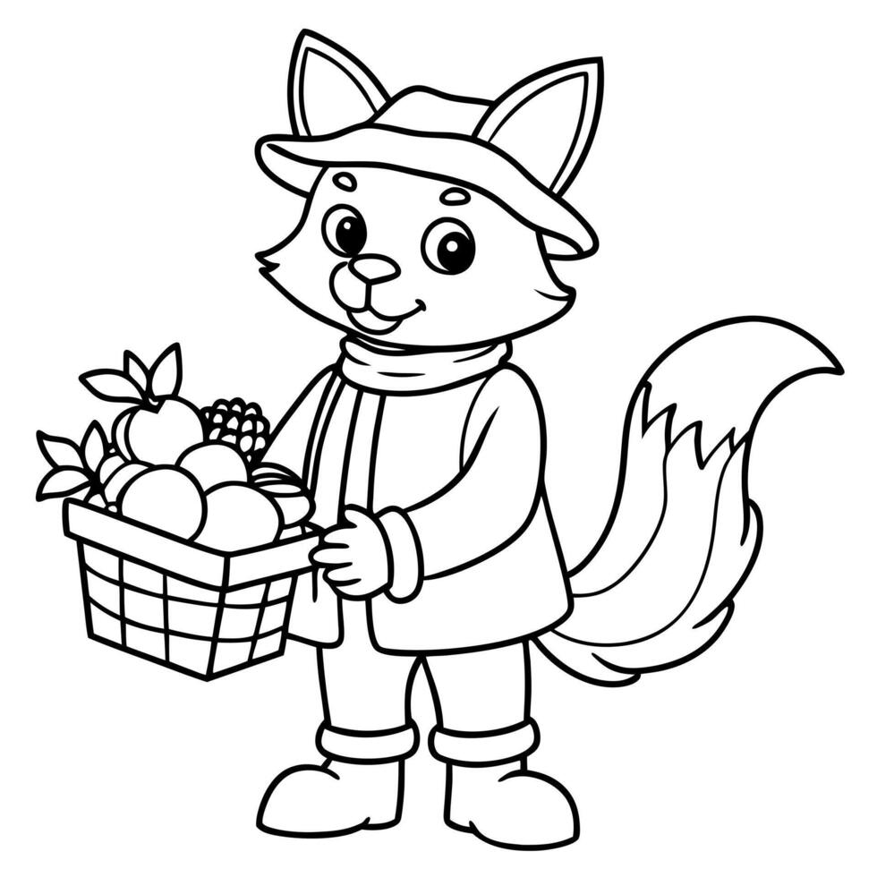 cute cartoon fox in a hat and sweater sells fruits and vegetables in a store, coloring page for vector