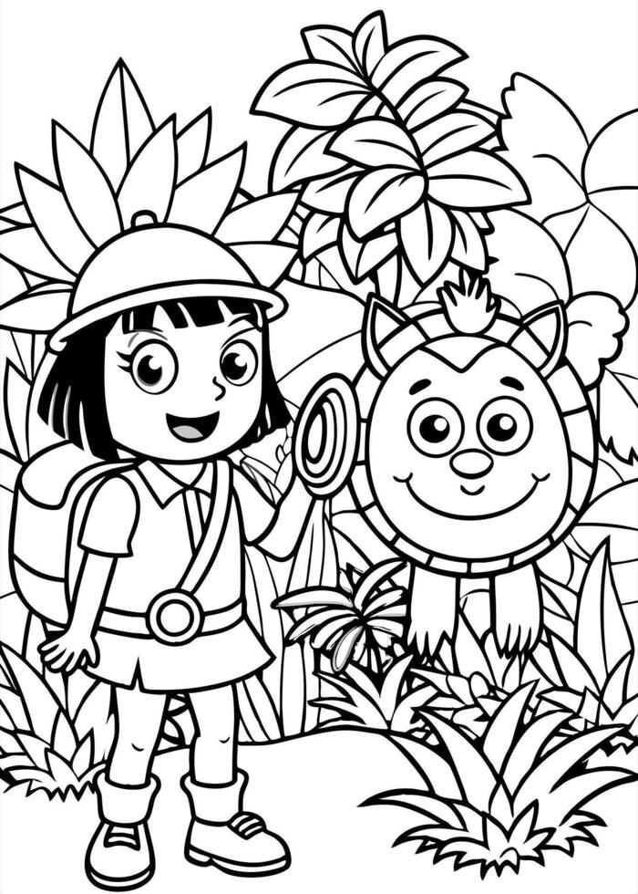 dora the explorer wear uniform with bag on her back and magnifying glass unexpected meets cute vector