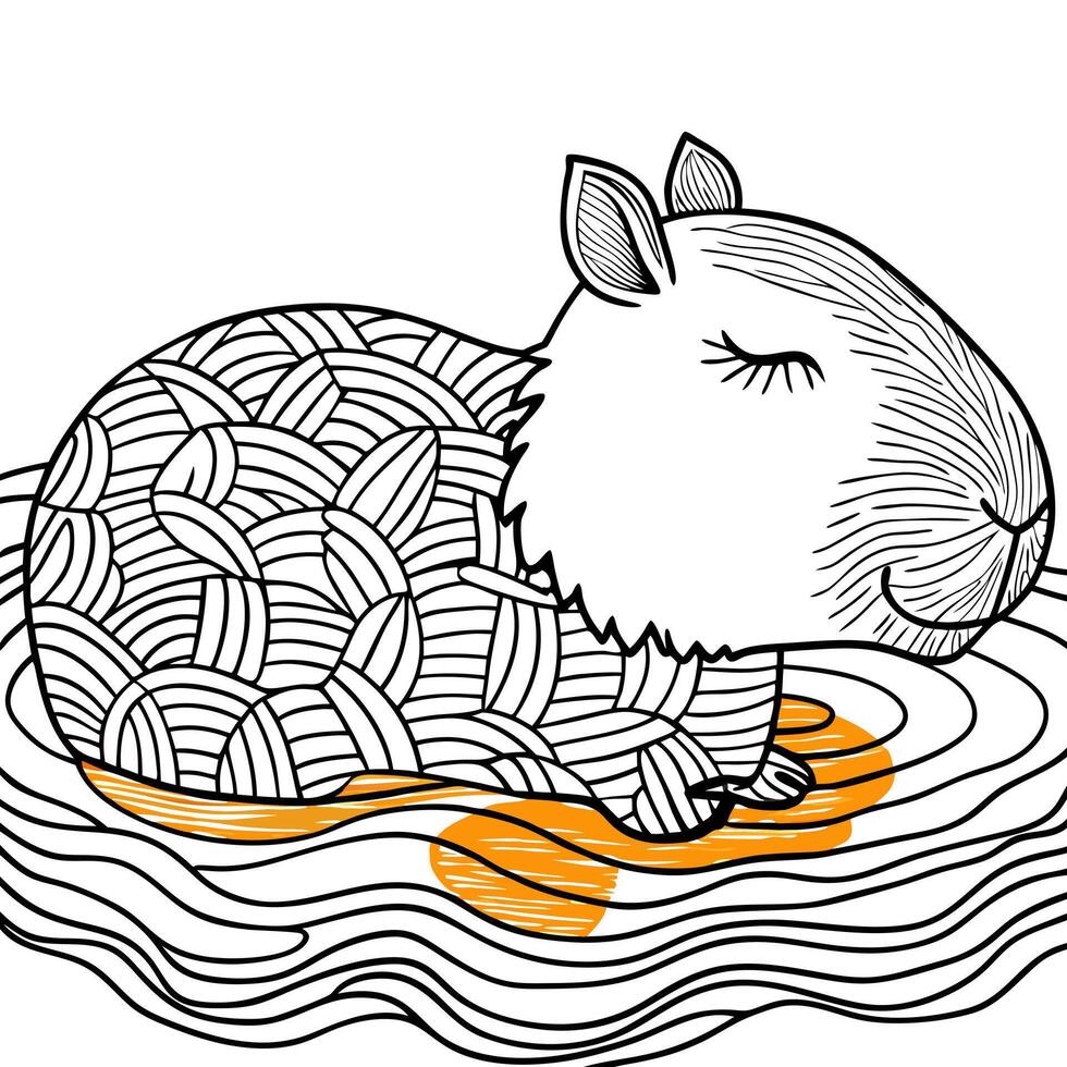 a stylized relax capybara with eyes closed and with an orange on his head, floating in the water vector