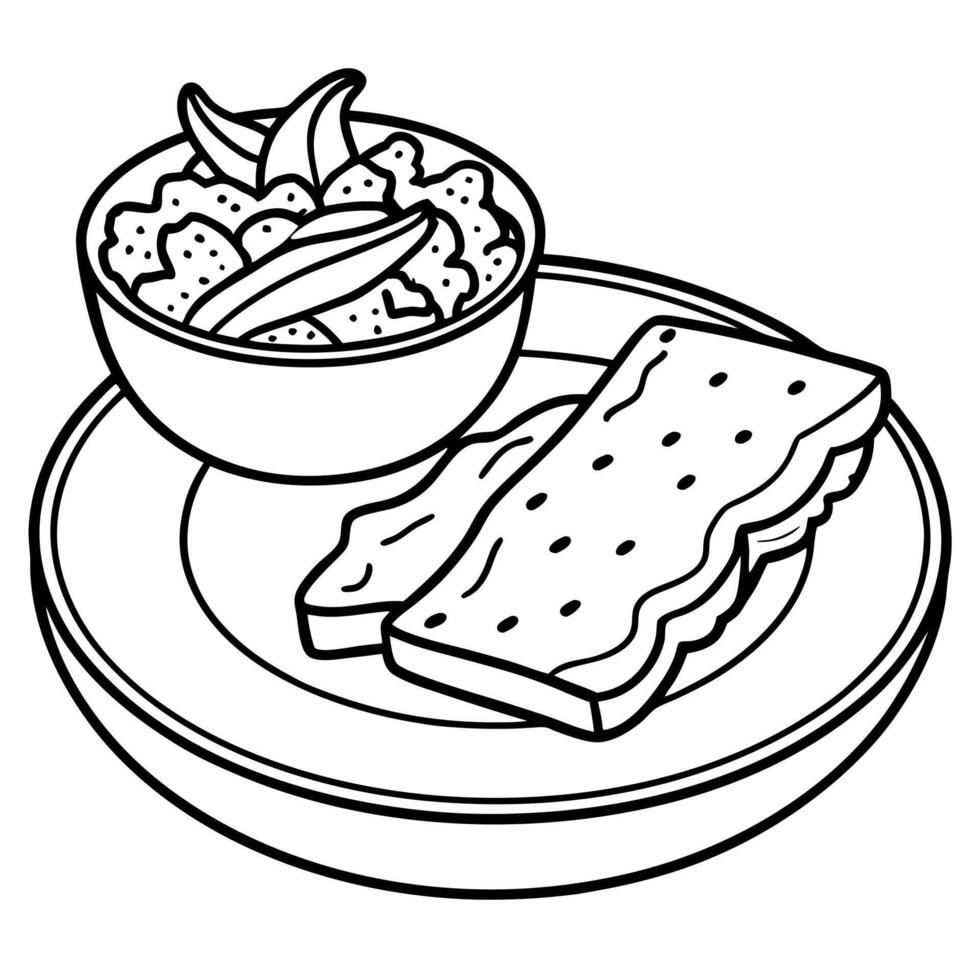 a delicious serving of scrambled eggs with crispy bacon strips and herbs, accompanied by a slice of vector