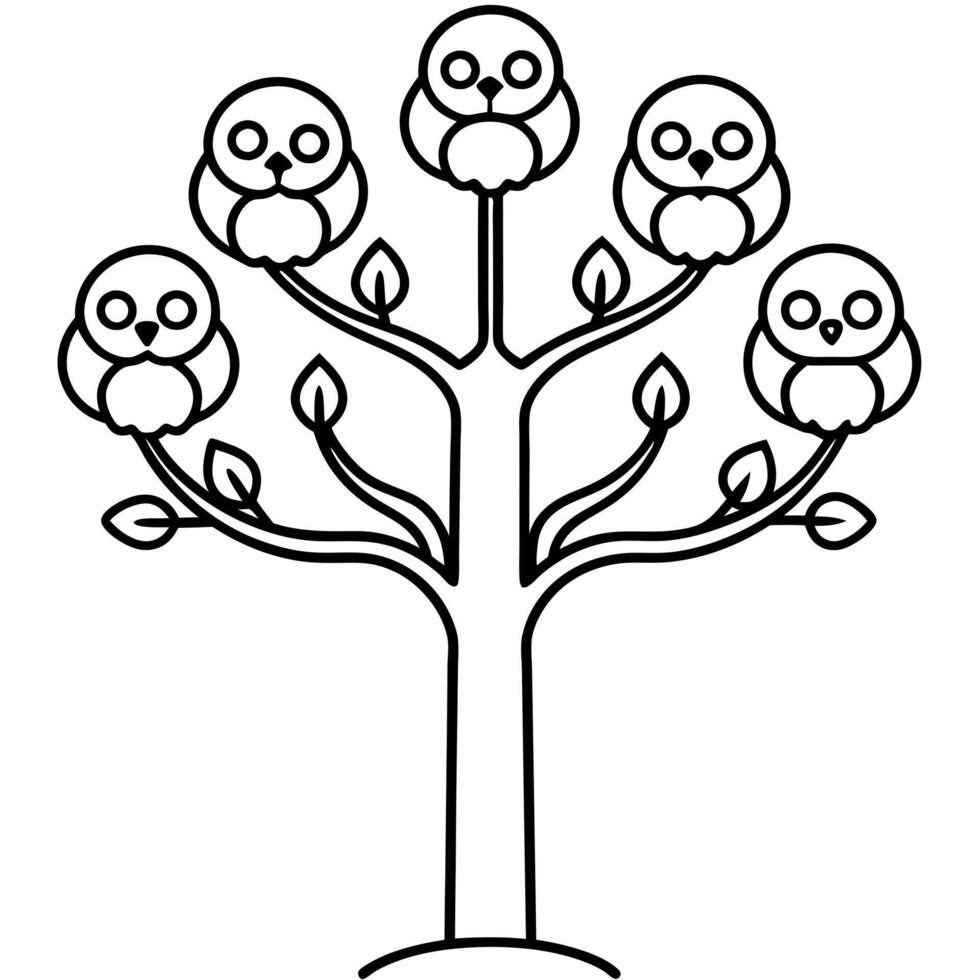 horizontal tree branches with 4 owls on top, illustration line art vector