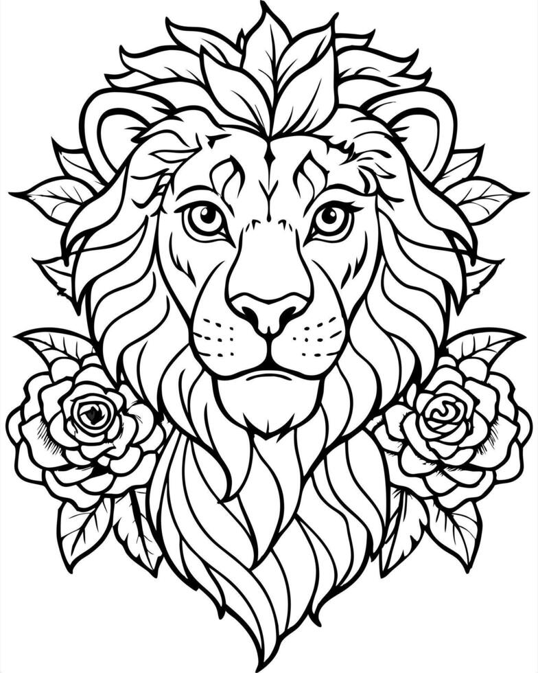 lion fliwers rose, illustration line art vector
