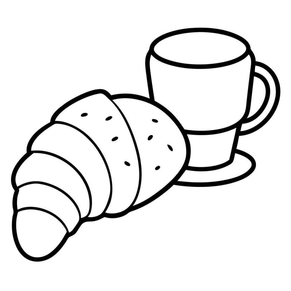 a croissant with a cup of coffee, illustration line art vector