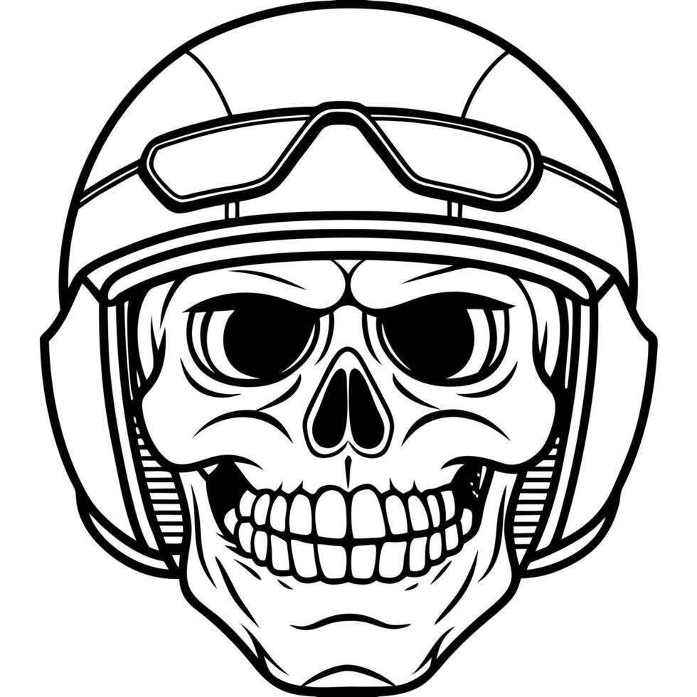 human skull with biker helmet, illustration line art vector