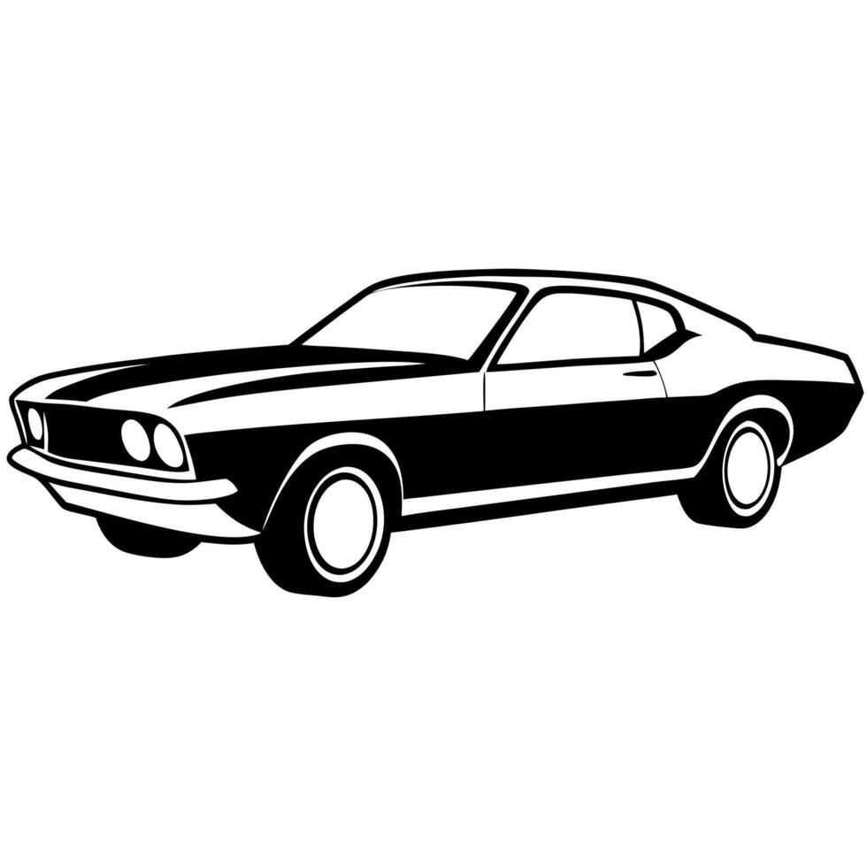 a silhouette of a vintage muscle car with bold lines and sleek curves, set against a white vector
