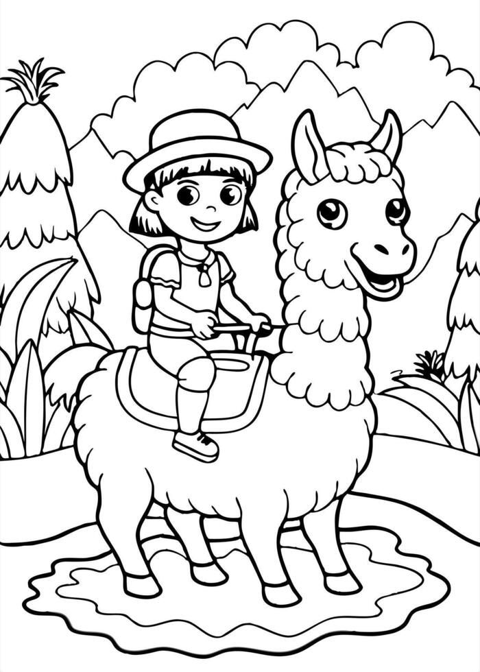 dora the explorer riding lama in the river, illustration line art vector