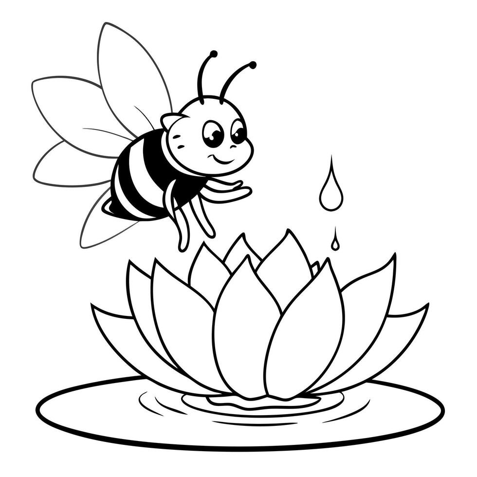 a bee is extracting honey from a water lily flower, illustration line art vector