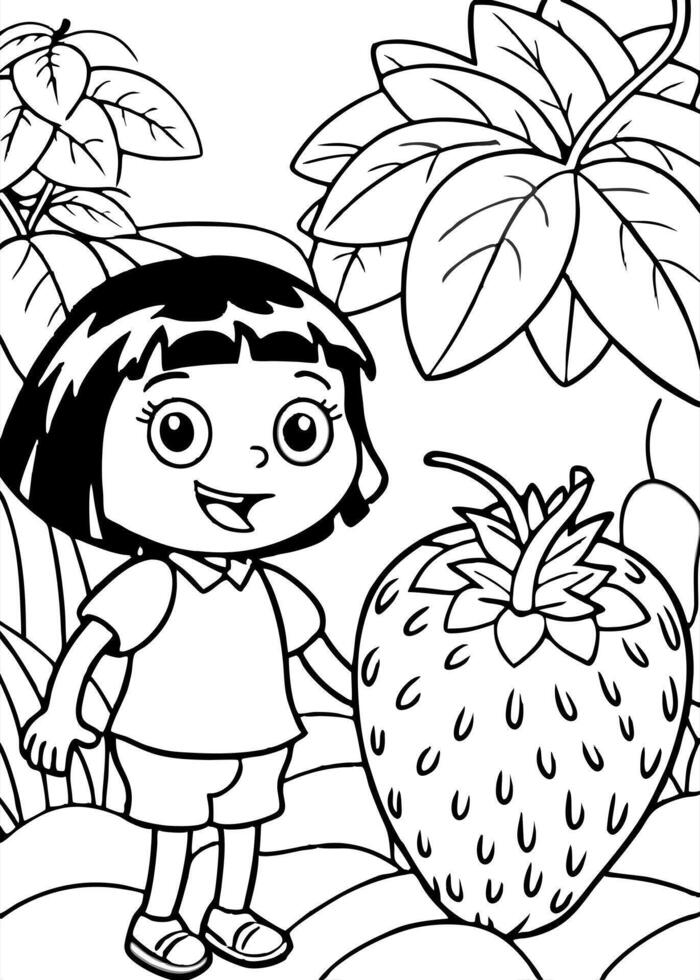 dora the explorer with giant strawberry in the jungle, illustration line art vector