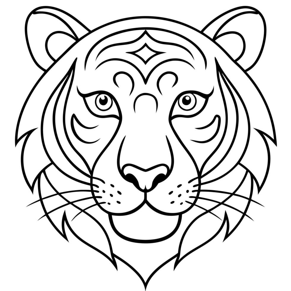 a simple coloring page line art illustration of an intricate tiger head with bold lines, designed vector