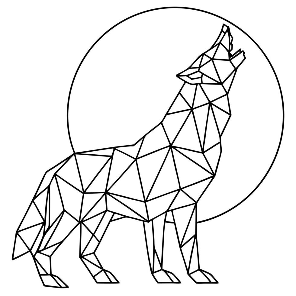 polygon wolf howls at the moon, illustration line art vector