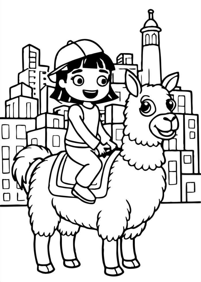 dora the explorer riding lama in the city, illustration line art vector