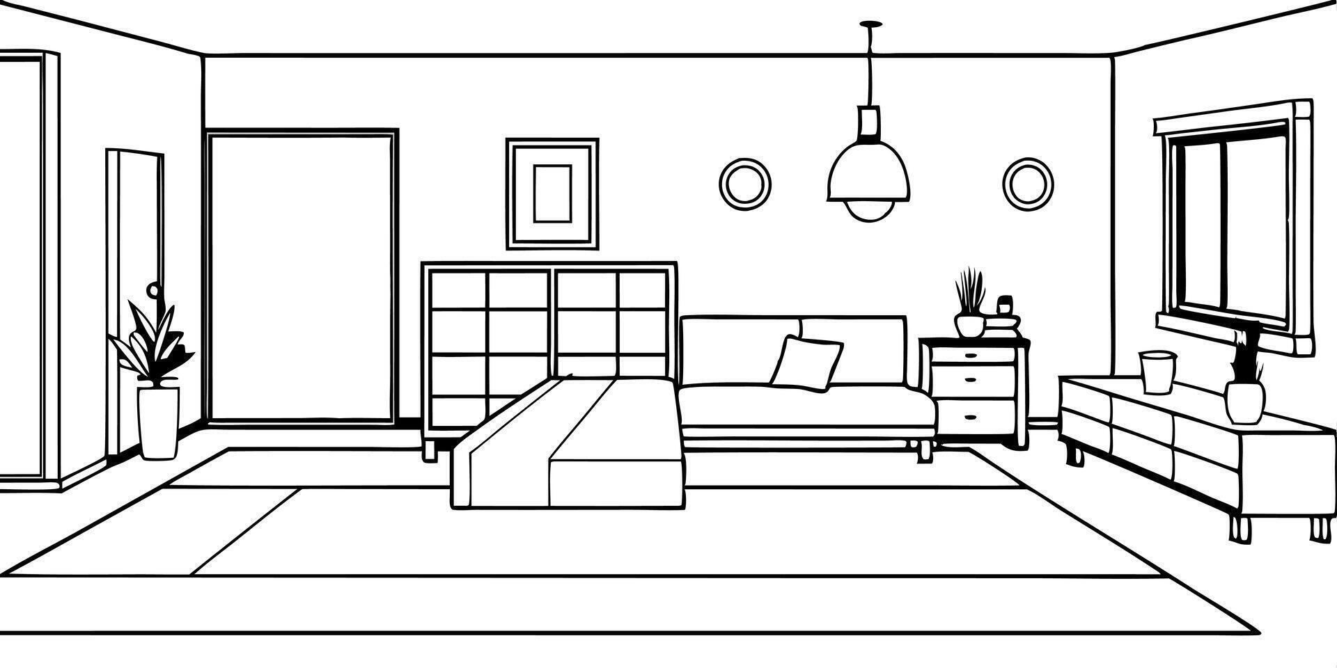 a very big bed room with modern furniture, illustration line art vector