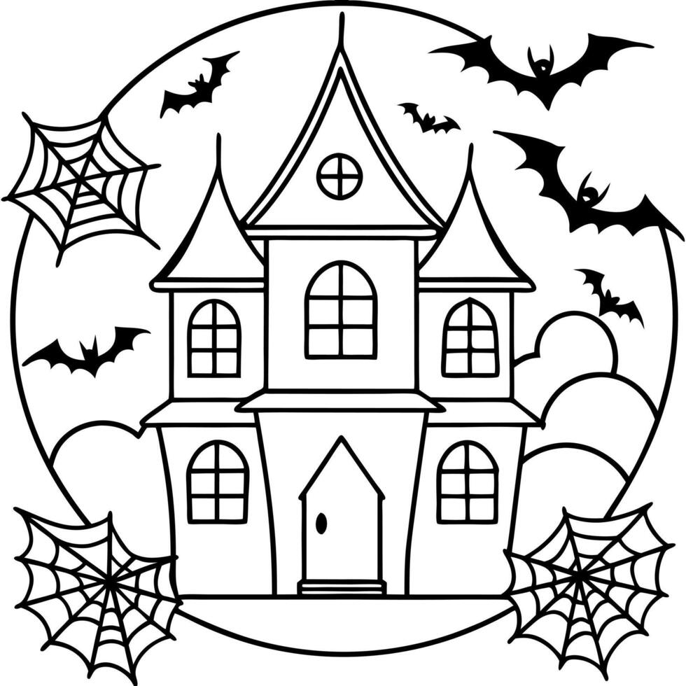 a haunted house with bats and spiders halloween background, illustration line art vector