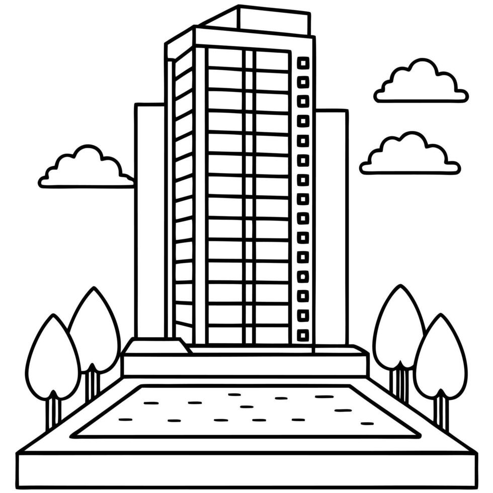 a high-rise building with a rooftop garden and swimming pool, illustration line art vector