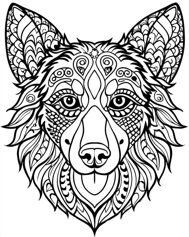 an intricate line art illustration of a border collies head filled with detailed patterns and vector