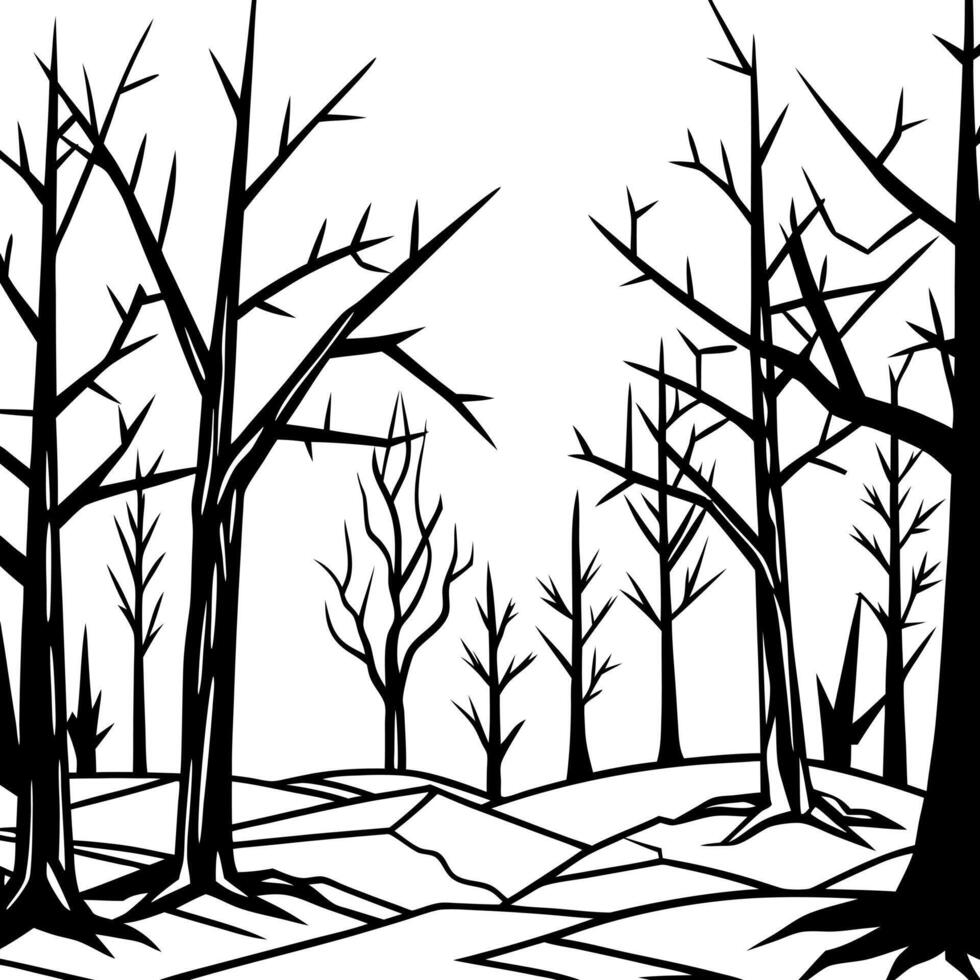 dark desolate forest with dead trees, broken braces, scary, illustration line art vector