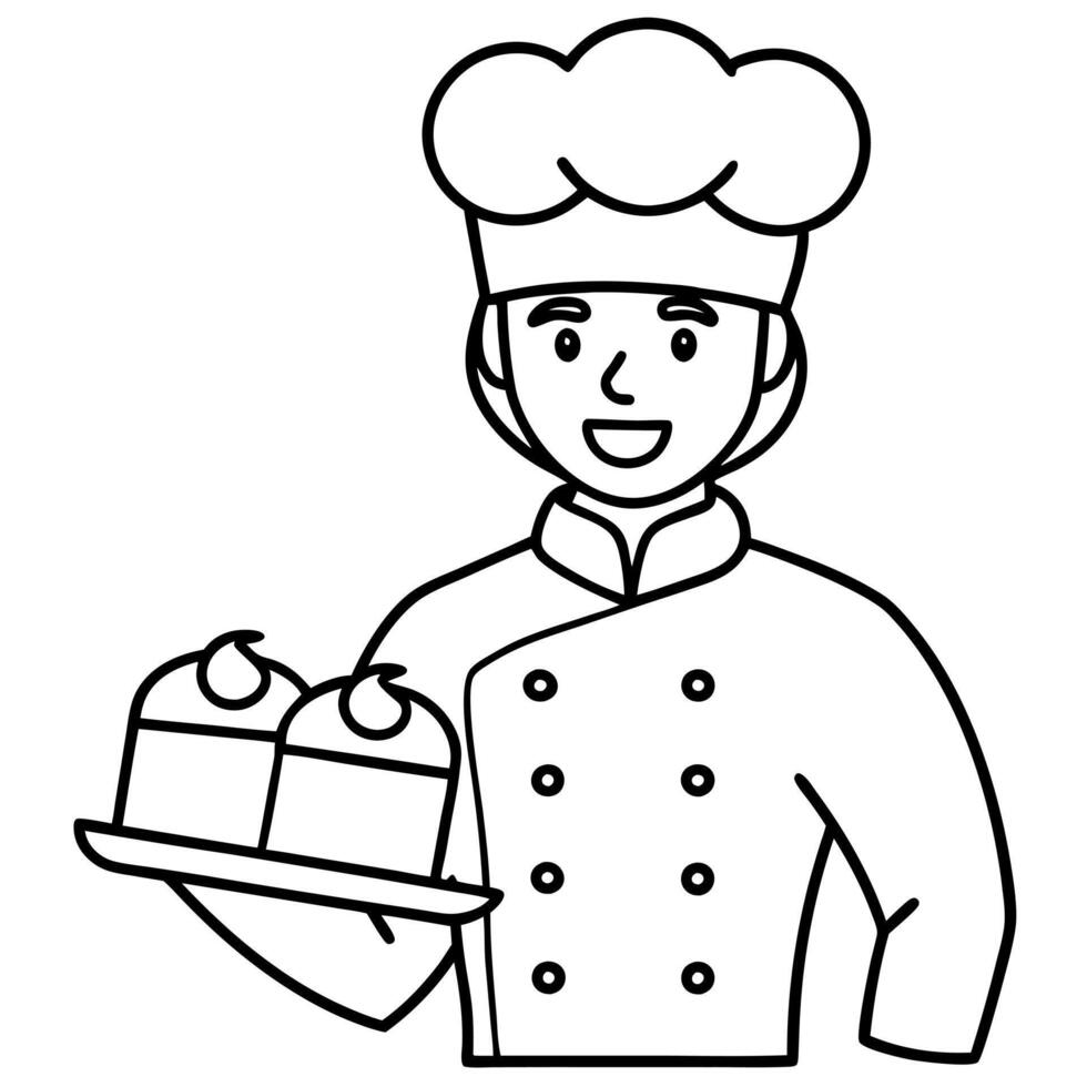 a baker holding a tray of cupcakes or cookies, illustration line art vector