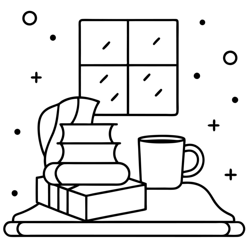 a cozy reading nook with a stack of christmas books, a plush blanket, and a steaming cup of tea, vector