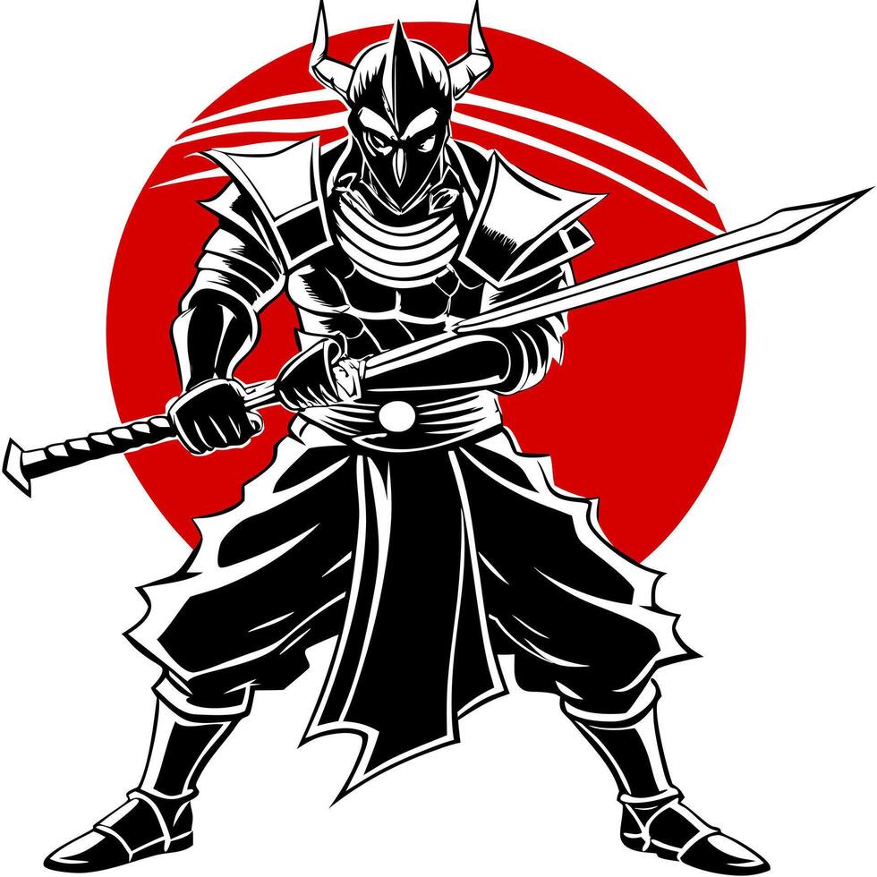 a captivating silhouette of a samurai warrior, sword drawn and ready for battle, cast against a vector