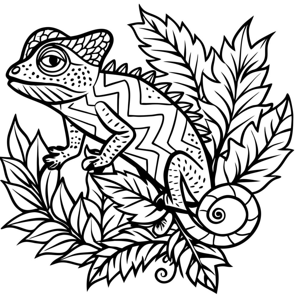 a chameleon blending into the foliage, with detailed leaves and branches, illustration line vector