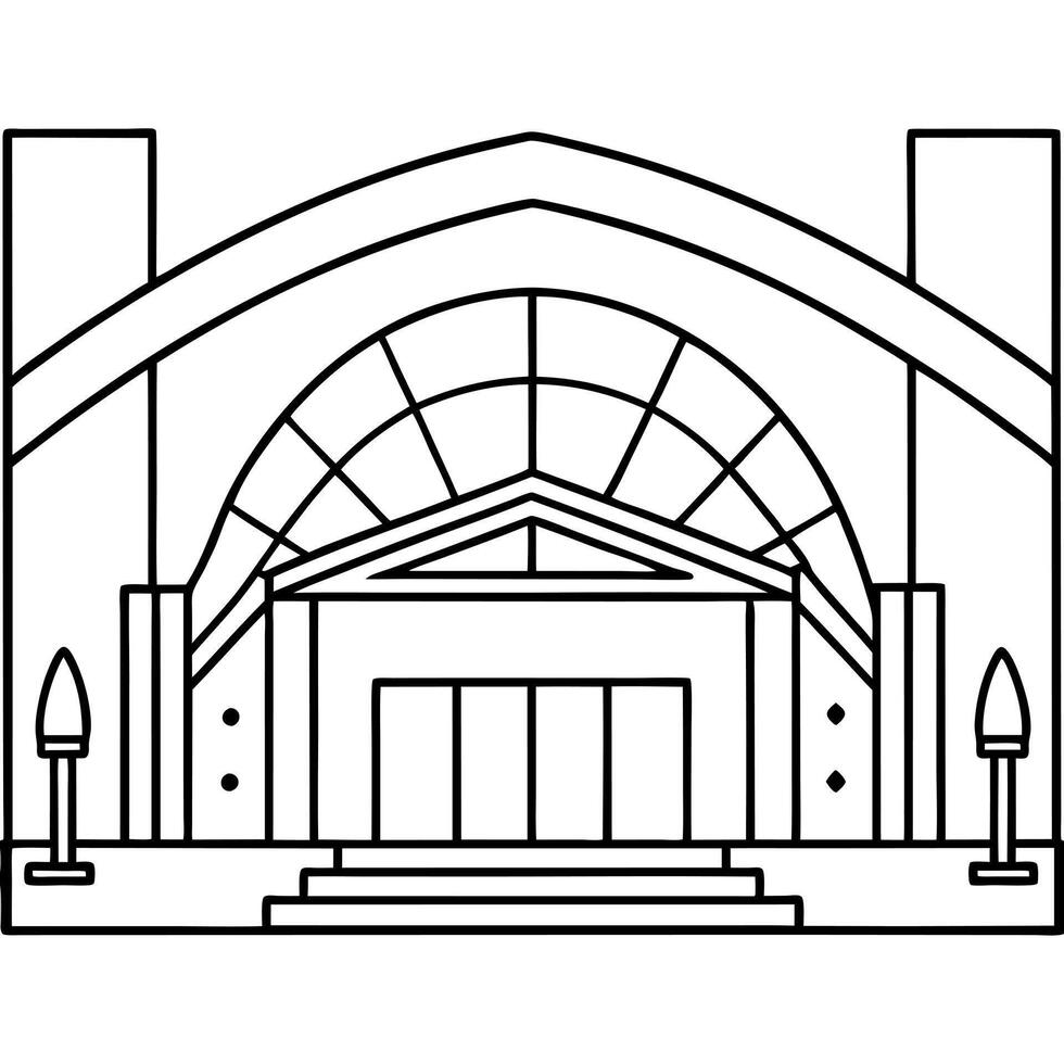 a convention center with a grand entrance and flexible interior spaces, illustration line vector