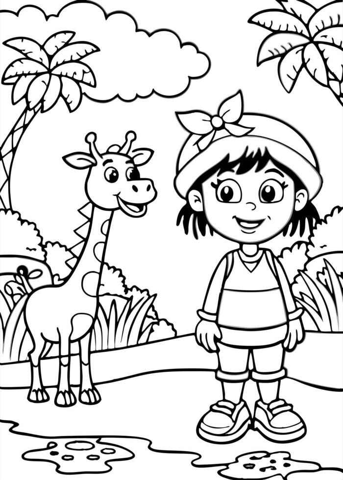 dora the explorer with giraffe on the river, illustration line art vector