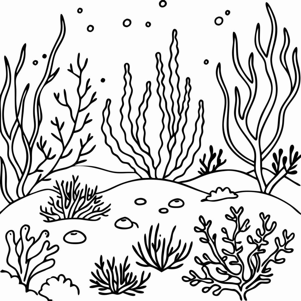 realistic, ocean reefs seabed with algae, reefs in the distance, illustration line art vector