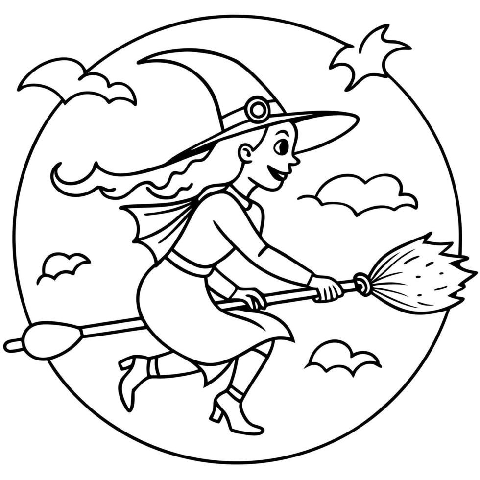 a witch flying with her broom at the full moon, illustration line art vector