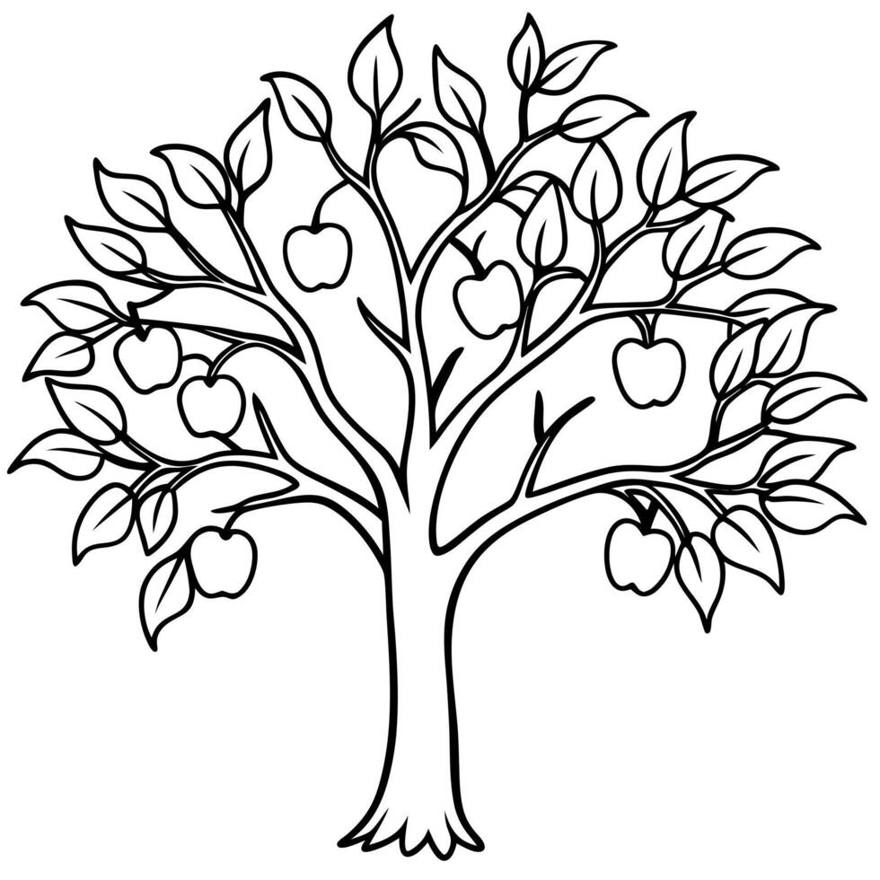 a detailed sketch of an apple tree, focusing on the structure of the branches and fruit, vector