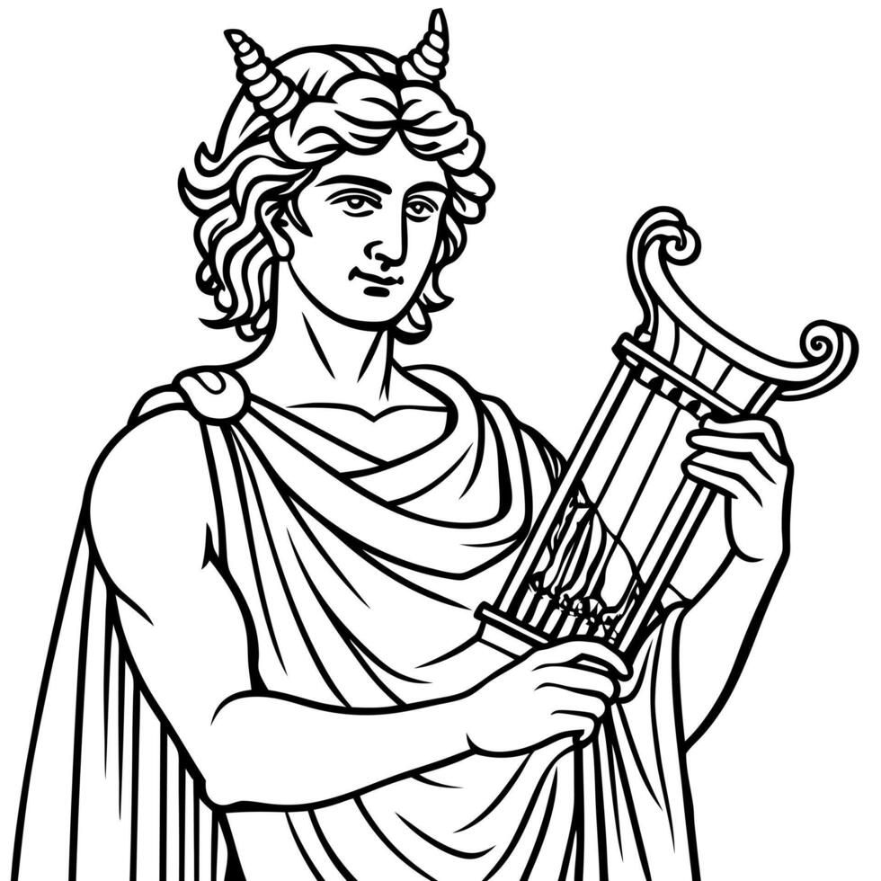 apollo - god of the sun with harper, illustration line art vector
