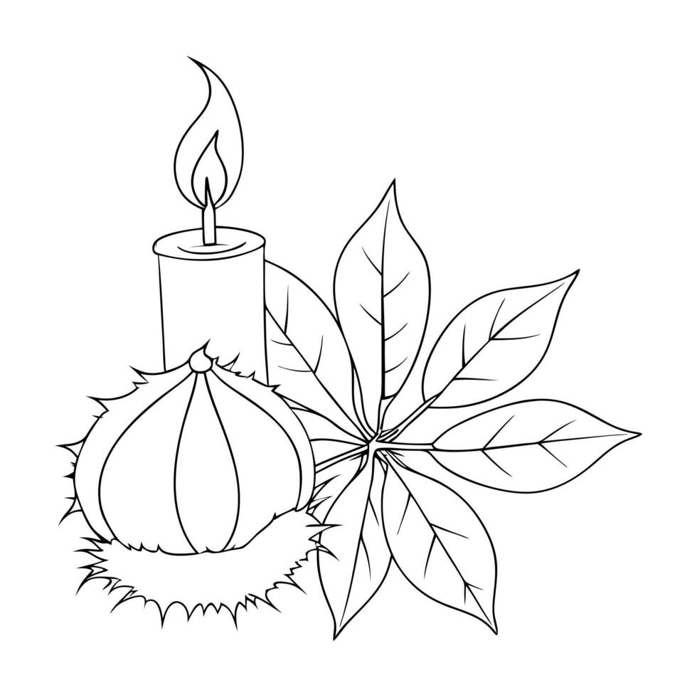 kyiv chestnut with a branch and a candle, illustration line art vector
