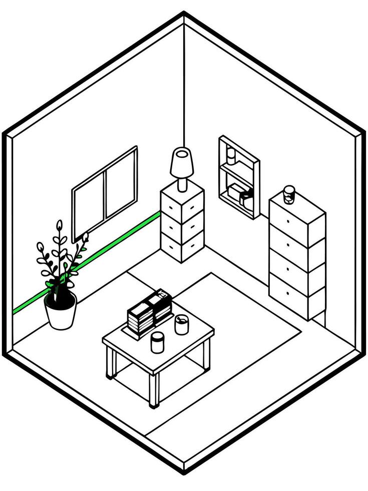 olive green isometric cozy cube messy room, illustration line art vector
