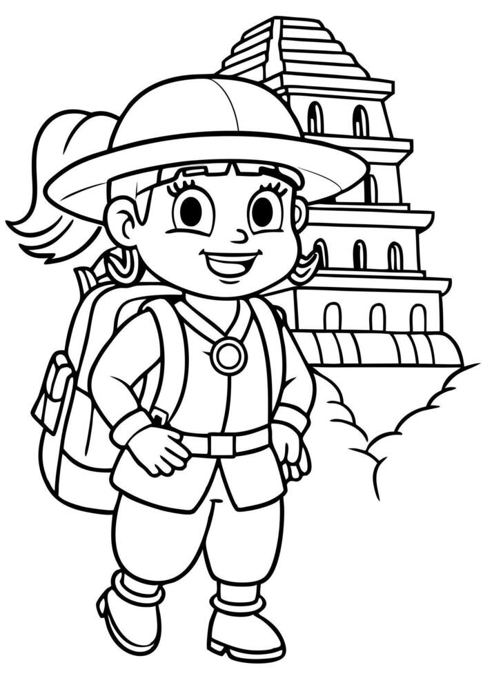 dora the explorer wear uniform with bag on her beck while exploring mayan temple, vector