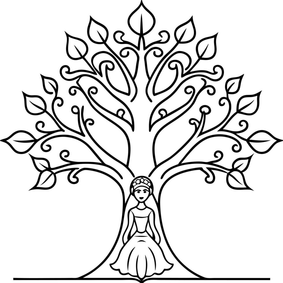 art nouveau tree creating a frame on the top and right sides of the image, and a princess sitting vector