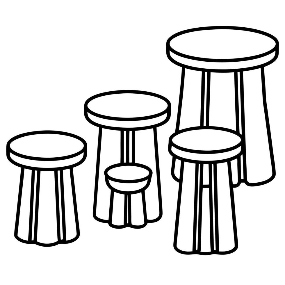 illustrate a set of quirky stools in a line drawing style, highlighting different heights and vector