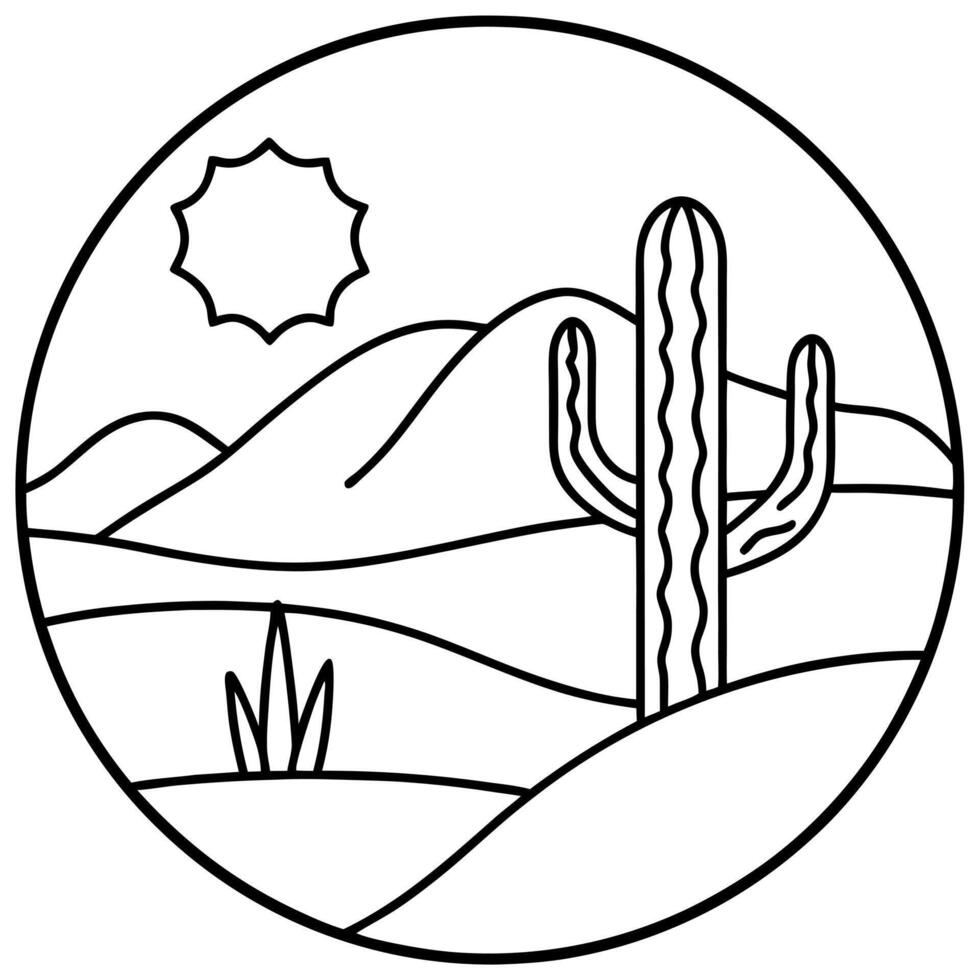 cactus and a desert scene with dunes outline, illustration line art vector
