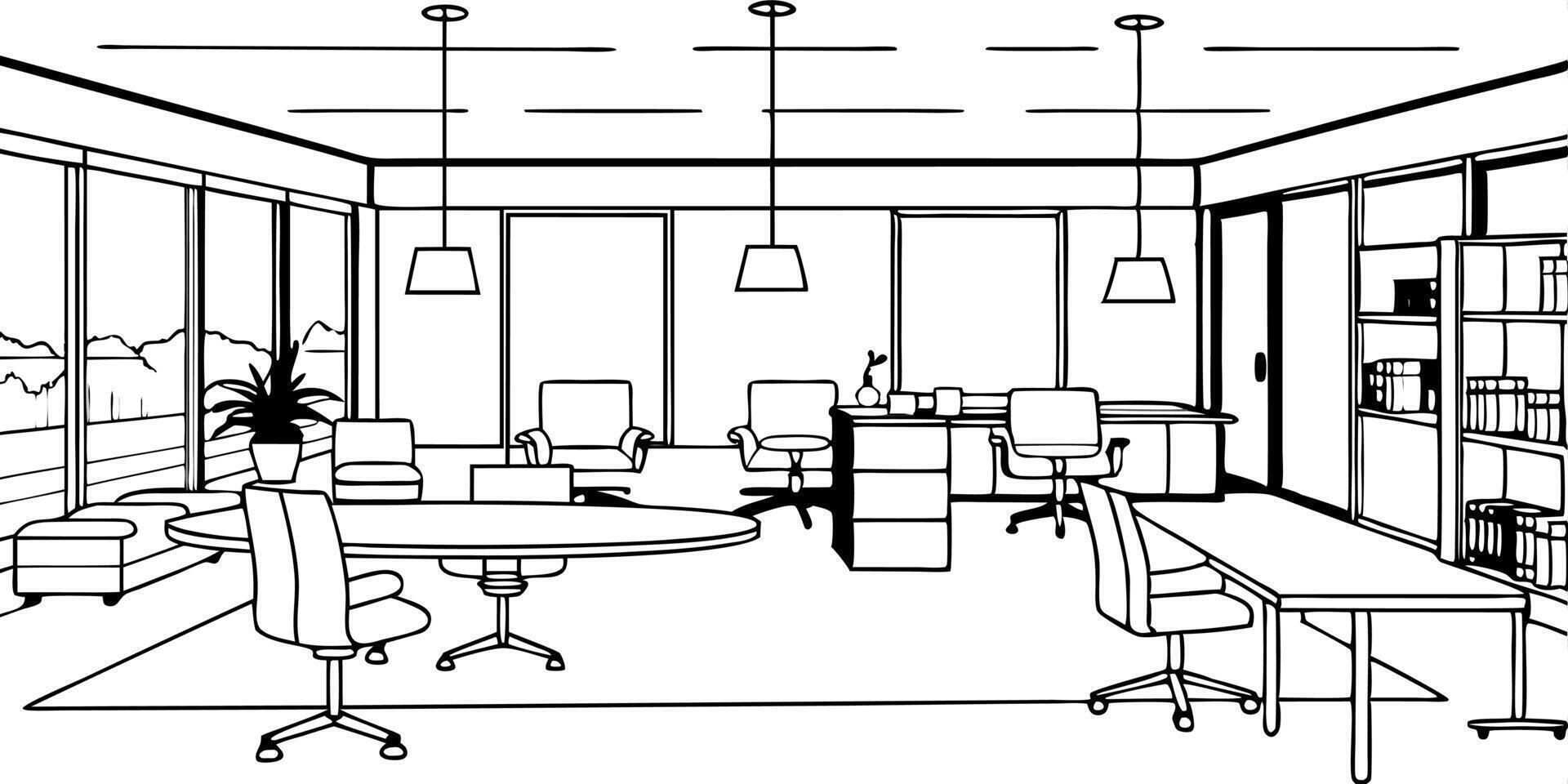 a very big office with modern furniture, illustration line art vector