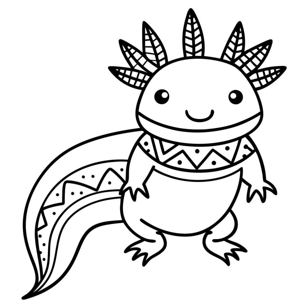 a cartoonish coco style mexican ajolote, tribal patterns in its skin, illustration line art vector