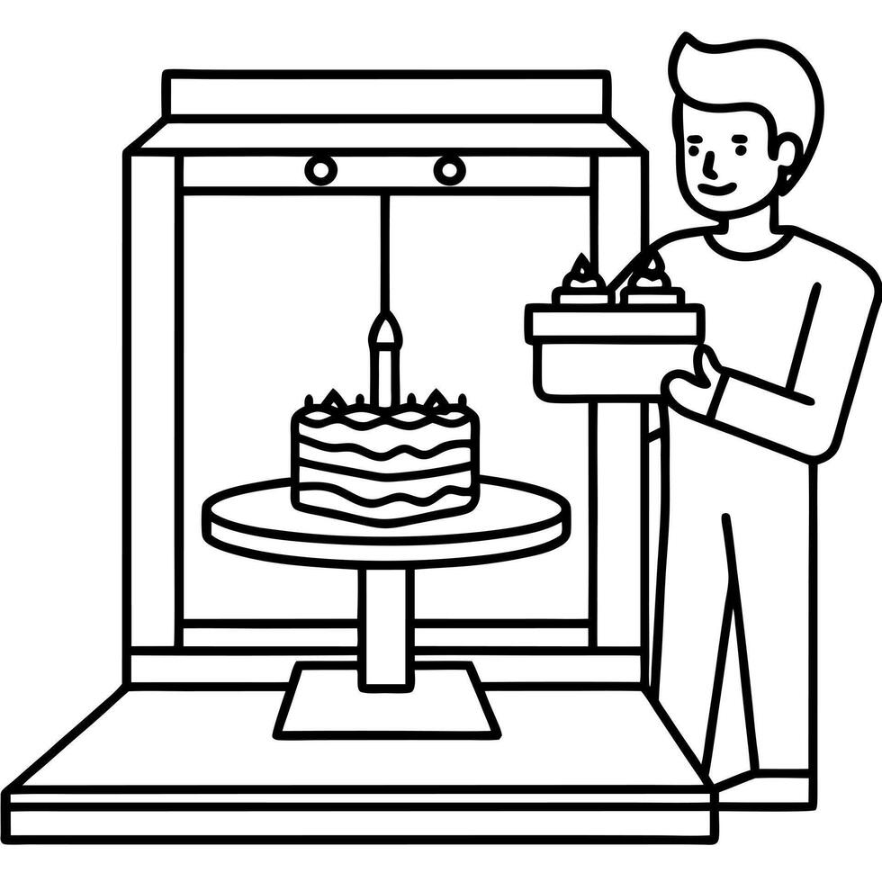 a 3d printer printing a birthday cake, illustration line art vector