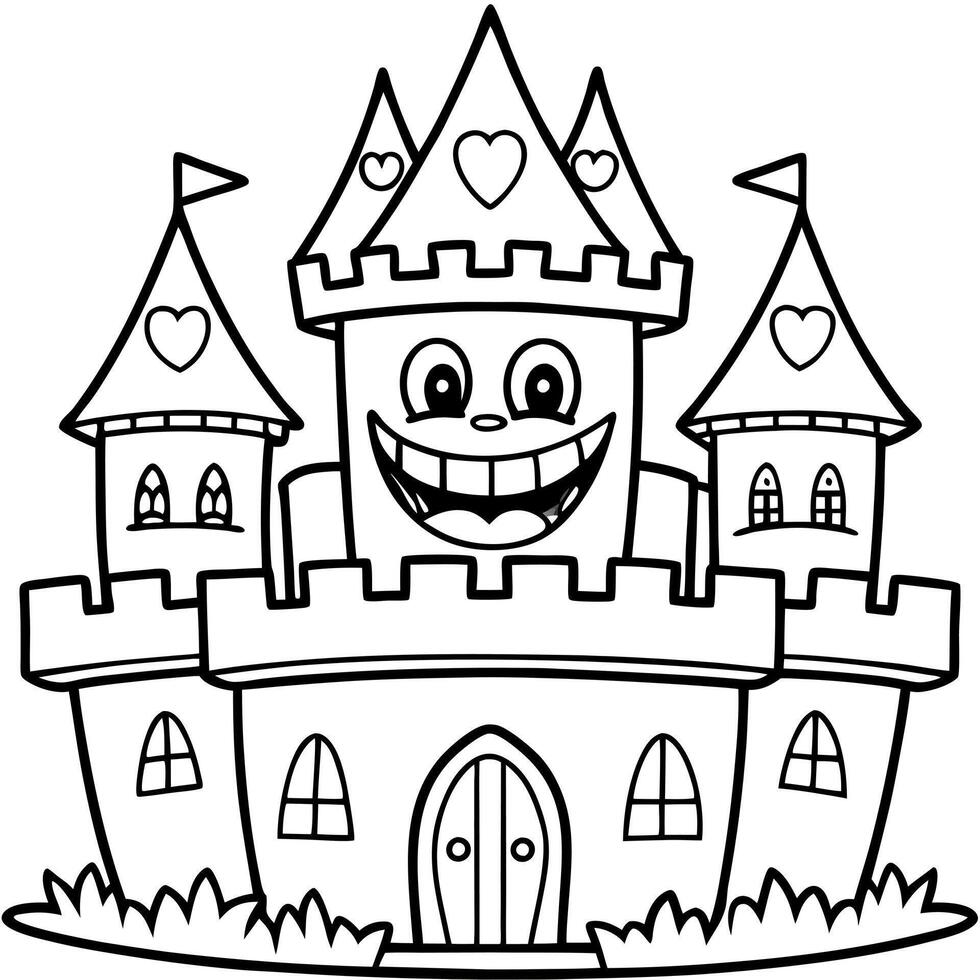 cute cartoon anime style full-length haunted castle with smiling windows, illustration line vector
