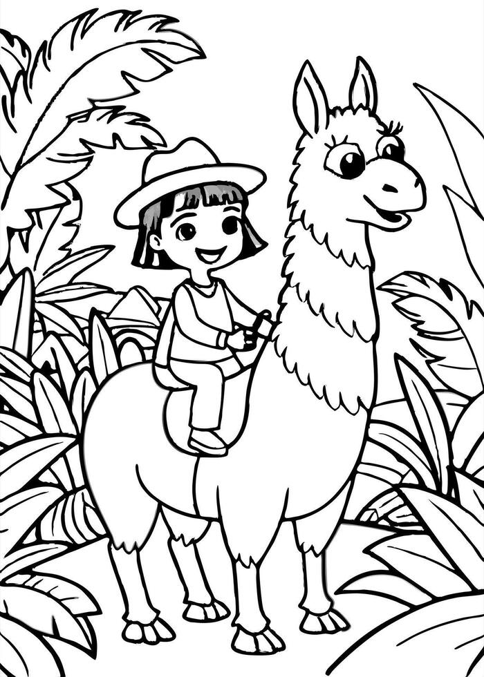 dora the explorer riding lama in the jungle, illustration line art vector