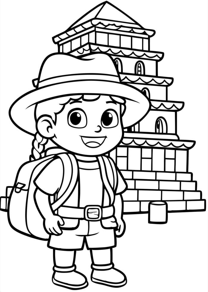 dora the explorer wear uniform with bag on her beck while exploring mayan temple, vector