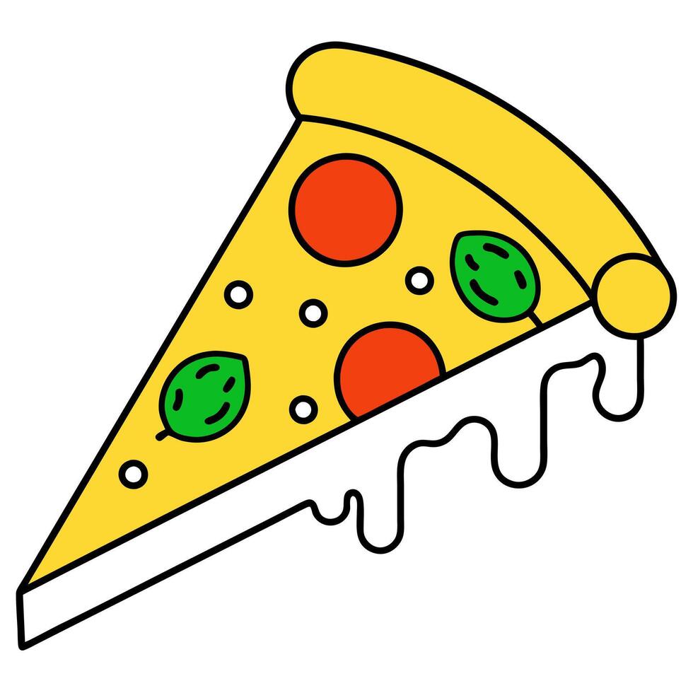 a brightly colored slice of pizza with a golden crust and melted cheese, topped with circular vector