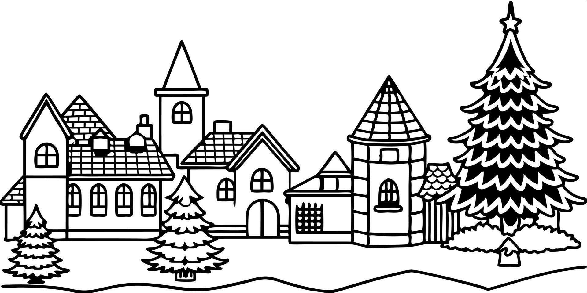 silhouette of a christmas village with a christmas tree, illustration line art vector