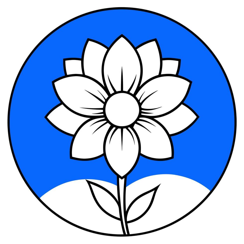 a flower and a blue circle with a blue background, illustration line art vector