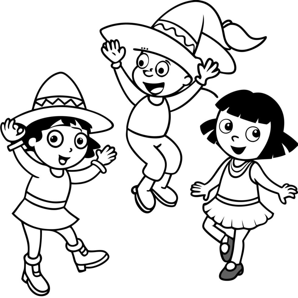 dora and her friends dancing at a fiesta, illustration line art vector