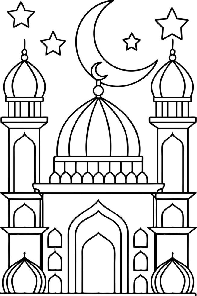 ramadan coloring page, black and white, line art, outline, a mosque silhouette with domes and vector
