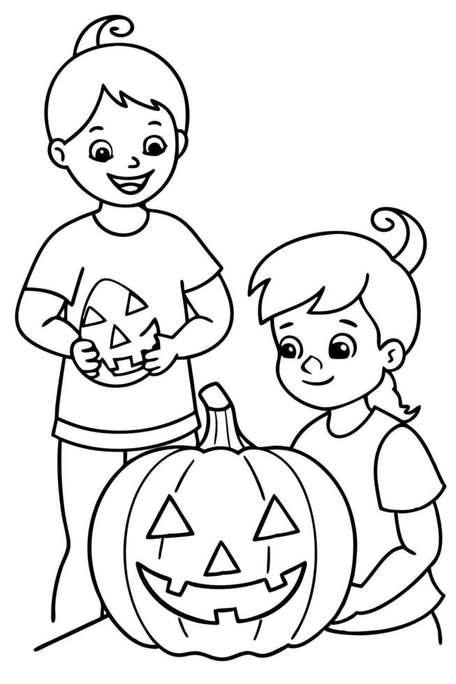 kids competing in a halloween pumpkin carving contest, illustration line art vector