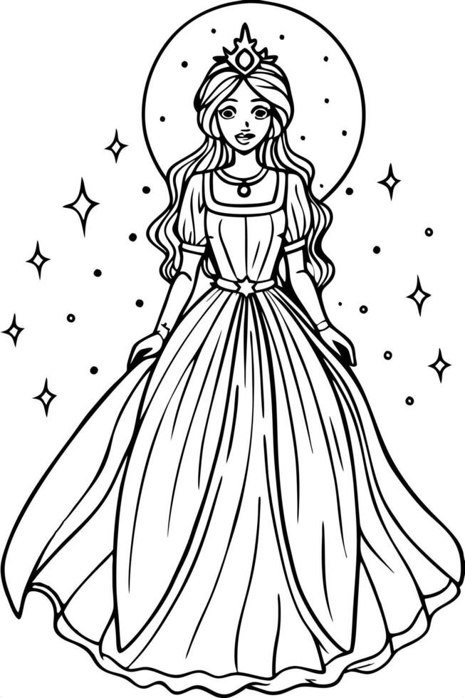 moon princess wearing a sparkling silver dress, floating in a starry sky, surrounded by a halo of vector