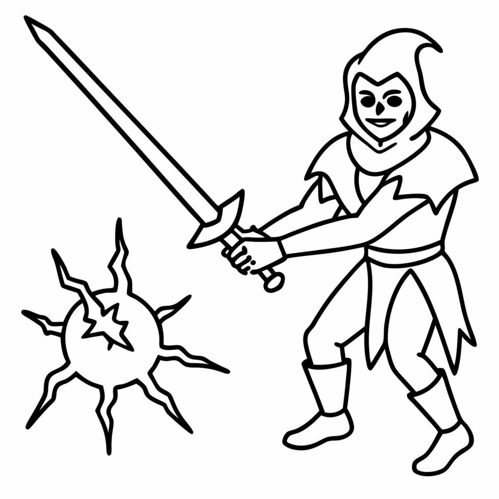 magical evil enemy lies with broken sword, illustration line art vector